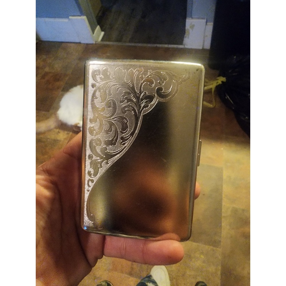 Vintage Art Deco Venice Scroll Two Clip Slim Cigarette Wallet Case Silver Metal